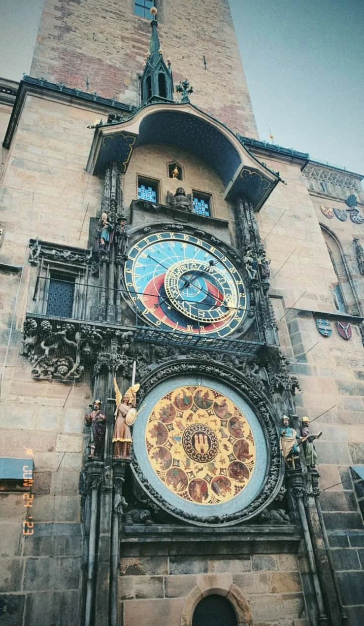 The astronomical clock and its zodiac dial on the old town hall tower, Prague 2023