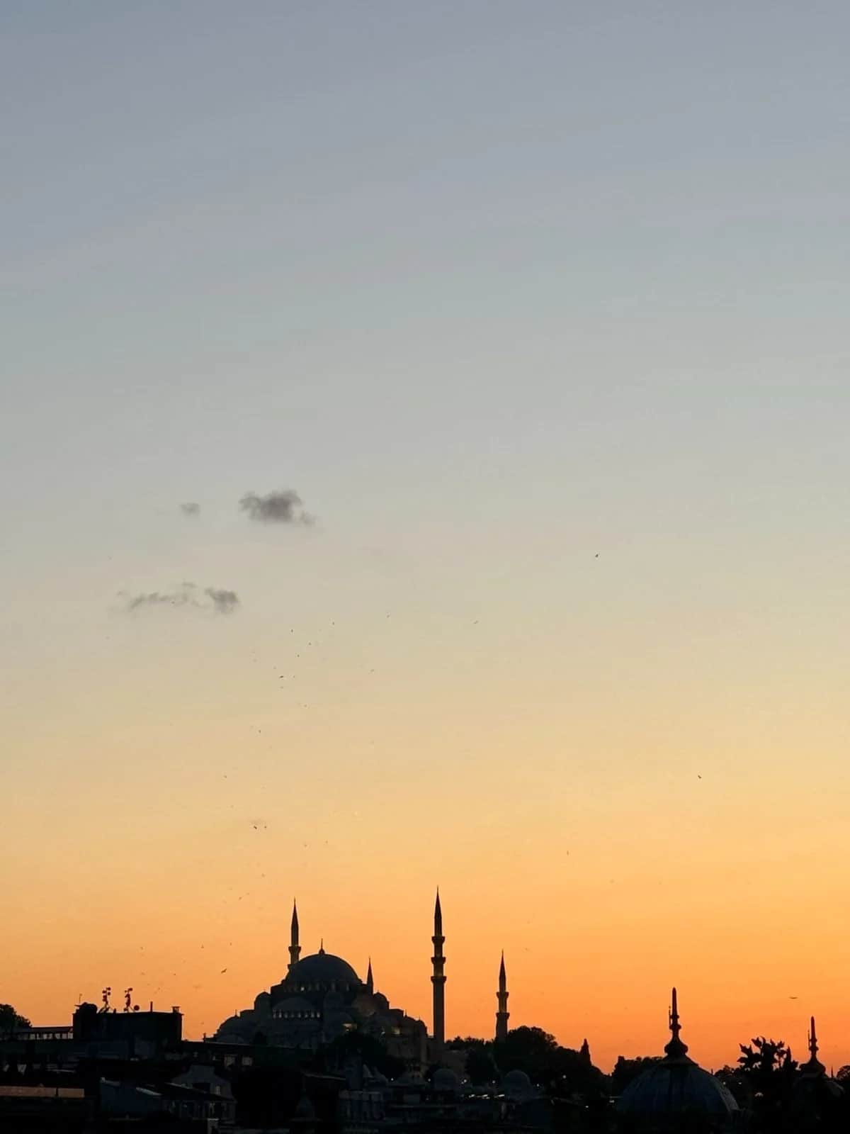 Domes and minarets silhouetted against an orange sunset over the old city, Istanbul 2024