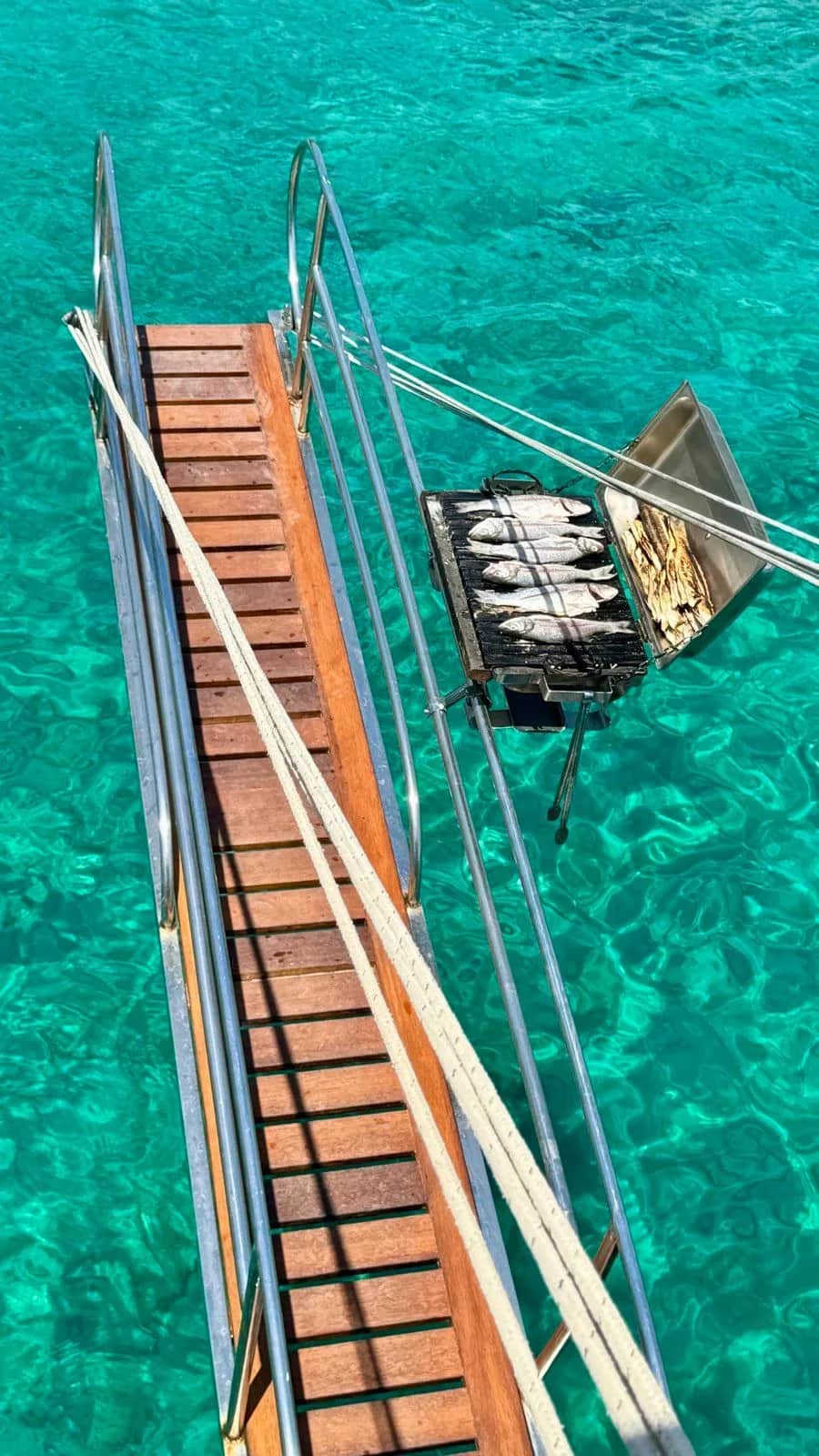 Whole fish grilling on a rack hung off a boat's plank above turquoise water, Kas 2024