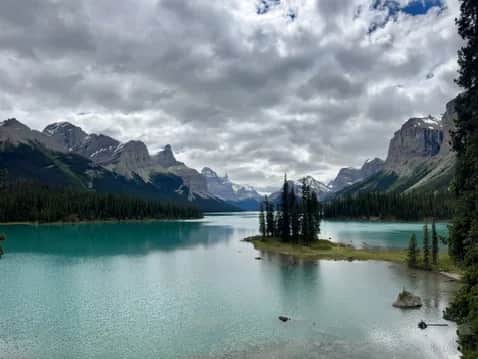 Spirit Island and its stand of firs in the middle of Maligne Lake, Jasper