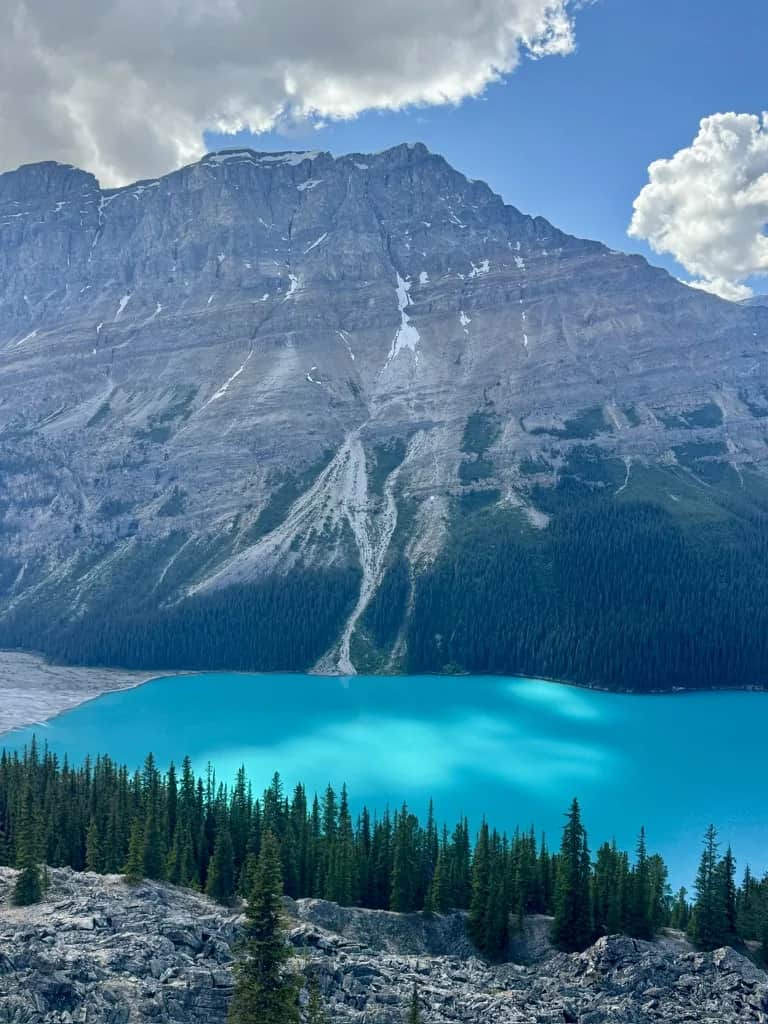 Peyto Lake under a scree covered mountain wall, Banff