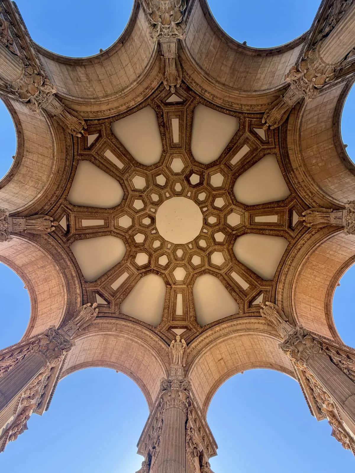 The coffered rotunda ceiling seen from directly beneath it, Palace of Fine Arts San Francisco