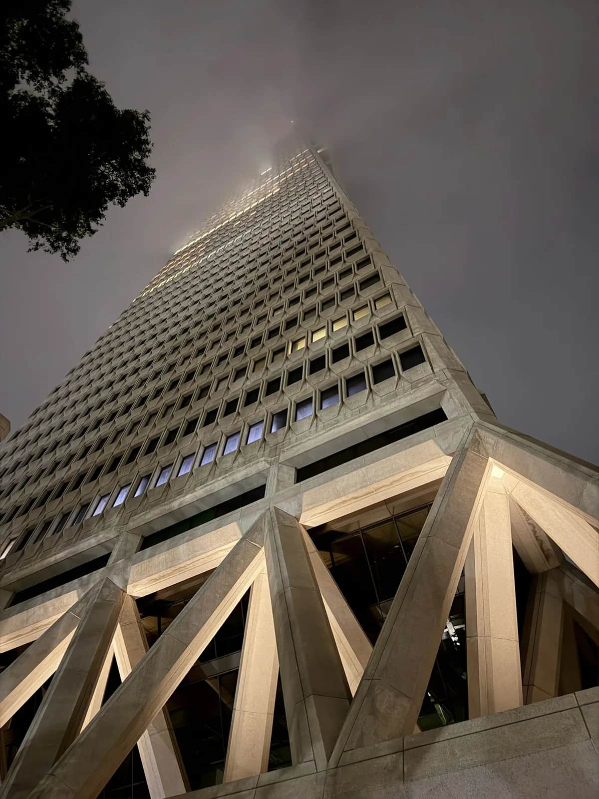 The Transamerica Pyramid lit from its base and climbing into night fog, San Francisco