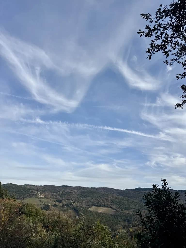 Cirrus drawn in long strokes above wooded hills and a far vineyard, Tuscany